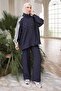 Navy Blue Lace Detailed Tunic and Pants Set - 2