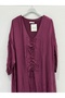 Italian Burgundy Collar Gathered Fold Long Sleeve Lined Long Silk Dress 38 - 44 Size - 3