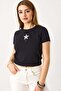 Women's Short Sleeve Star Stone Crop Blouse Black - 3