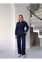 Dark Blue Denim Jumpsuit with Double Belt at the Top and Bottom - 2