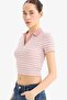 Fitted Polo Neck Striped Twill Camisole Short Sleeve T-Shirt E7907Ax25Sm