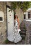 Women's Black and White Polka Dot Halter Neck Backless Slit Long Dress - 8