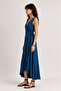 V-Neck Tie-Detail Midi Dress Plain Navy Blue - 3