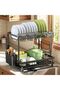 Multifunctional Dish Rack, Rustproof Black Carbon Steel 2-Tier Dish Drying Rack with Drainboard, Space-Saving, Automatic Drainage, Rotating Spout, Dishware & Silverware