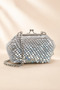 Women's Silver Sequined Hand-Knitted Evening Dress Bag with Silver Chain Strap and Clip Detail