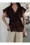 Brown Flounce Front Tie-Up Shiny Chiffon Fabric Blouse - 5