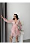 Powder V-Neck Lace Sleeves Short Evening Dress with Back Detail - 2