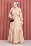 Ruffled Skirt Half Buttoned Hijab Dress Beige - 3