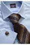 Blue Double Cuff Slim Fit Shirt with Brown Tie, Cufflinks, and Handkerchief in a 4-Piece Gift Box Set - 4