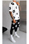 "Men's White T-Shirt with Black Floral Pattern Oversized Shorts Set" - 6