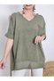 Women's Khaki Mesh Detailed Pocketed Cotton Linen Loose Bohemian Pinterest V-Neck Short Sleeve Blouse Tunic