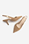 Women's Stiletto Pointed Toe Open Back Elasticated Gold Buckle Short Thin Heeled Shoes Henka Camel Suede - 7