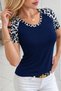 Women's Short Sleeve Round Neck Viscose Blouse with Stripe Detail on the Sleeves and Leopard Print - 3