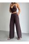 Crep Women's Lace-Up Waistband Wide Leg Double Fabric Trousers Brown - 6