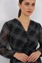 Women's V-Neck Gathered Waist Striped Pattern Chiffon Black Dress - 3
