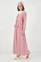 Women's V-Neck Gathered Waist Floral Patterned Pink Double Set - 4