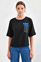 Women's Round Neck Basic Printed Black T-Shirt