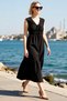 Women's V-Neck Sleeveless Midi Dress Gathered Waist Detail Terrycotton Woven Relaxed Fit Casual Modern - 2