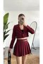 Women's Burgundy Striped Lined Single Button Crop Jacket Belted Lined Pleated Skirt Set