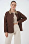 Women's Classic Collar Pocket Detailed Oversize Brown Jacket - 2