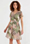 Women's V-Neck Belted Short Sleeve Patterned Chiffon Green Dress - 3