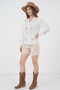 Women's V-Neck Long Sleeve Embroidered Floral Pattern Viscose Brown Blouse - 4