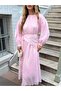Pink Elastic Waist Long Dress with Belt - 7051 - 2