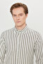 Men's Khaki-White 100% Cotton Flannel Slim Fit Slim-Fit Button-Down Collar Striped Shirt - 4