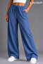 Women's Denim Detailed Linen Blend Loose Leg Comfortable Summer Trousers