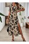 Women's Short Sleeve V-Neck Dress with Elastic Waist Slit Long Leopard Printed Piece Single Jersey Dress