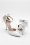 Women's Stoned Bow Detailed Ankle Strap White Stiletto Pointed Toe Thin Heeled Evening Dress Shoes - 7