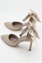 Women's Stoned Bow Detailed Ankle Strap Beige Satin Stiletto Pointed Toe Thin Heeled Evening Dress Shoes - 7