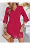 Women's Short Sleeve V-Neck Laser Cut Floral Patterned Short Imported Crepe Dress - 3