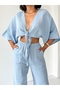 Crep Women's Muslin Tie-Back Blouse – Batwing Sleeve V-Neck 100% Cotton Crop Summer Blouse Blue