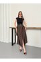 Cupra Fabric Belted High Waist Slit Pleated Midi Skirt