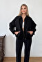 Women's Shirt Collar Zippered Double Pocket Suede Jacket Black - 0733 - 3