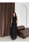 Black Belted Pleated Crew Neck Maxi Chiffon Dress - 3