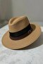 Men's Camel Straw Mesh Detailed Panama Hat |   Summer and Beach Fedora Hat with Belt Buckle - 3