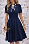Women's Short Sleeve Collar Lace-Up and Ruffled Midi Janjan Crepe Dress - 3
