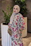Cream Fuchsia Half Buttoned Sleeves Elasticized Patterned Viscose Dress - 4