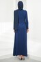 Navy Blue Draped Crepe Evening Dress with Stones on the Waist - 5