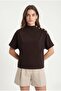 Women's Rachel Modal Gold Button Detailed Bat Sleeve High Neck Knitted Brown Blouse - 4