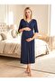 New Season Navy Blue 100% Cotton Short Sleeve Maternity Nightgown Set with Nursing Features - 3