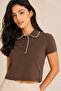 Women's Brown Contrast Ribbed Polo Collar Crop T-Shirt - 4