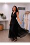 Fluid Textured Adjustable Waist V-Neck Long Dress-Black - 3