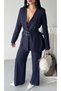 Women's Double Buckle Belt Detailed Wide Leg Suit Pants Navy Blue - 4