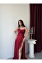 Dark Red Thin Straps Flounce Slit Satin Evening Dress - 5