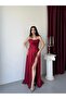 Dark Red Thin Straps Flounce Slit Satin Evening Dress - 2