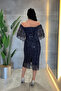 Full Beaded Fabric Boat Neck Pencil Dress - Dark Blue - 5