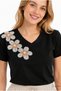 Women's Black 100% Cotton Regular Fit Floral Embroidered Knitted T-Shirt - 5